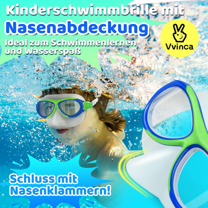 Vvinca Swimming Goggles for Kids with Nose Guard and Fabric Strap, Shatterproof, Anti-Fog and Waterproof for Children 3-14 Years