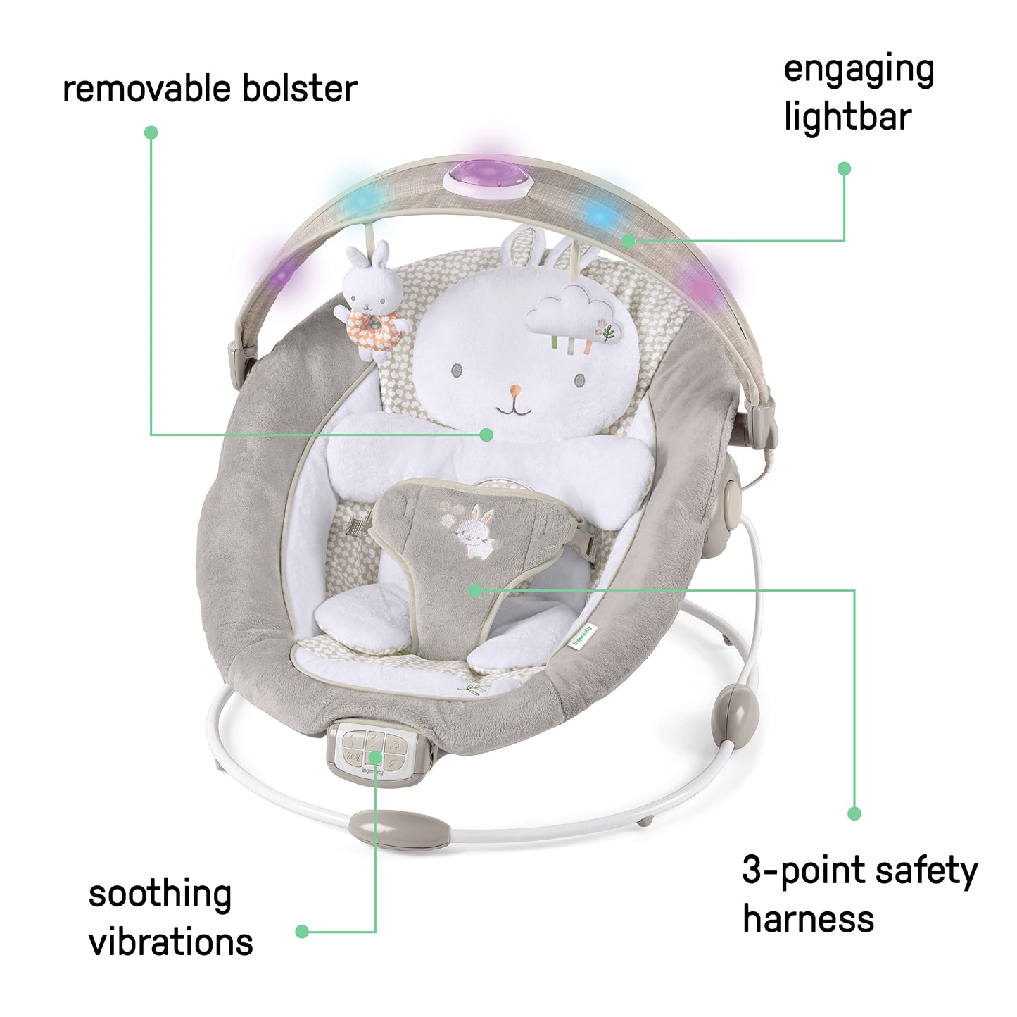 Ingenuity, InLighten Babywippe Babyschaukel mit Lichtern, Nate Bunny, Spielzeugleiste, Vibrationen, Geräuschen, Tummy Time Kissenmatte, bis zu 20 lbs, Neugeborenes+