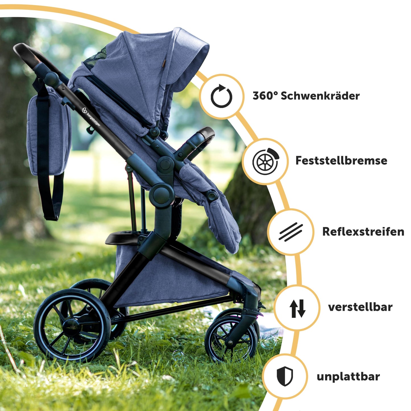 Bergsteiger Lugo 3-in-1 Pushchair Complete Set Including Accessories - Baby Seat, Buggy Attachment, Sun Protection & Weather Footmuff | Isofix Station Available