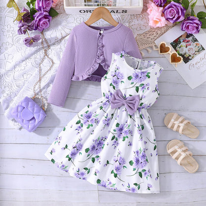 Yanmucy Kleine Mädchen Kleider mit Strickjacke Sets Baby Mädchen Kleider Kleinkind Kinder Langarm Ruffle Mantel Mädchen Kleidung für 2-8 Jahre
