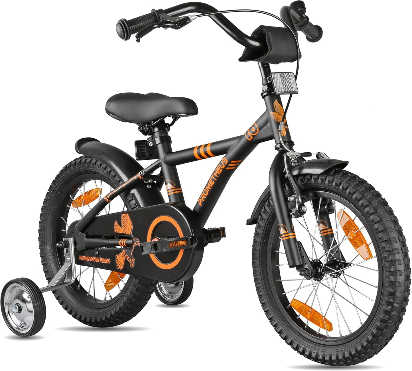 PROMETHEUS BICYCLES Kinderfahrrad 16 Zoll ab 5 Jahren - Kinder Fahrrad Mädchen Jungen Fahrrad Kinder mit Stützräder Rücktrittbremse in Schwarz Matt Orange - Meloni2