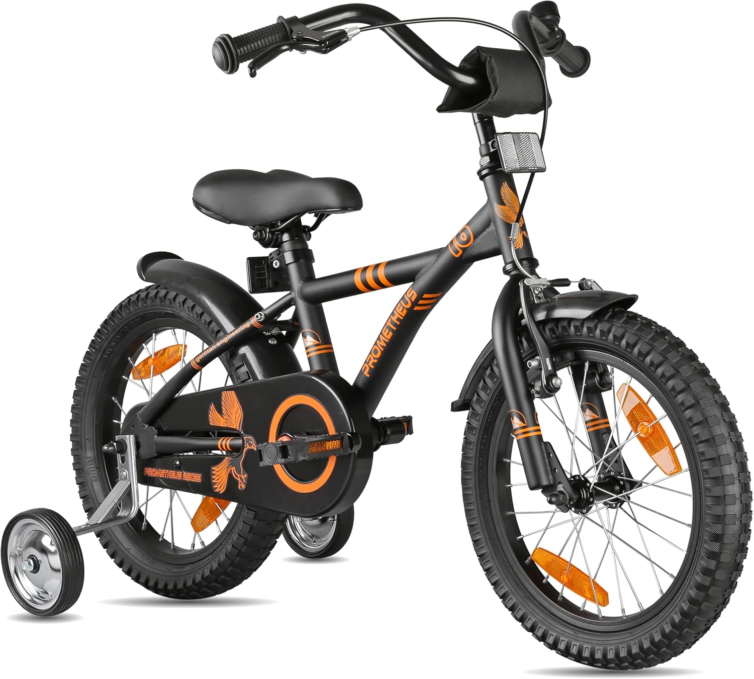 PROMETHEUS BICYCLES Kinderfahrrad 16 Zoll ab 5 Jahren - Kinder Fahrrad Mädchen Jungen Fahrrad Kinder mit Stützräder Rücktrittbremse in Schwarz Matt Orange - Meloni2