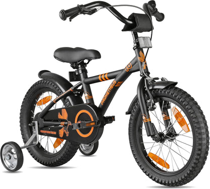PROMETHEUS BICYCLES Kinderfahrrad 16 Zoll ab 5 Jahren - Kinder Fahrrad Mädchen Jungen Fahrrad Kinder mit Stützräder Rücktrittbremse in Schwarz Matt Orange - Meloni2