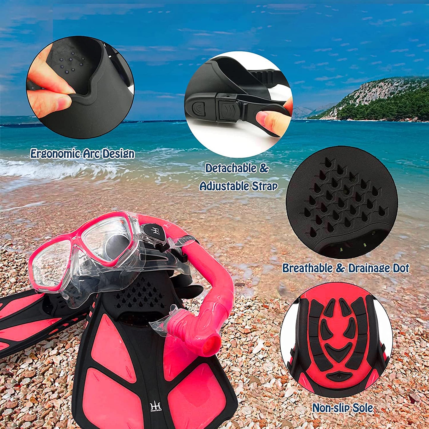 HH HHAO SPORT Children's snorkel set with fins, 180° panorama wide view diving goggles children, adjustable flippers, high-quality diving mask and dry top snorkel