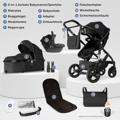 Bergsteiger Nizza 3 in 1 Kinderwagen, Kombikinderwagen Komplettset, Auto-Babyschale & Isofix Station, Babywanne & Buggy Sportsitz inklusive