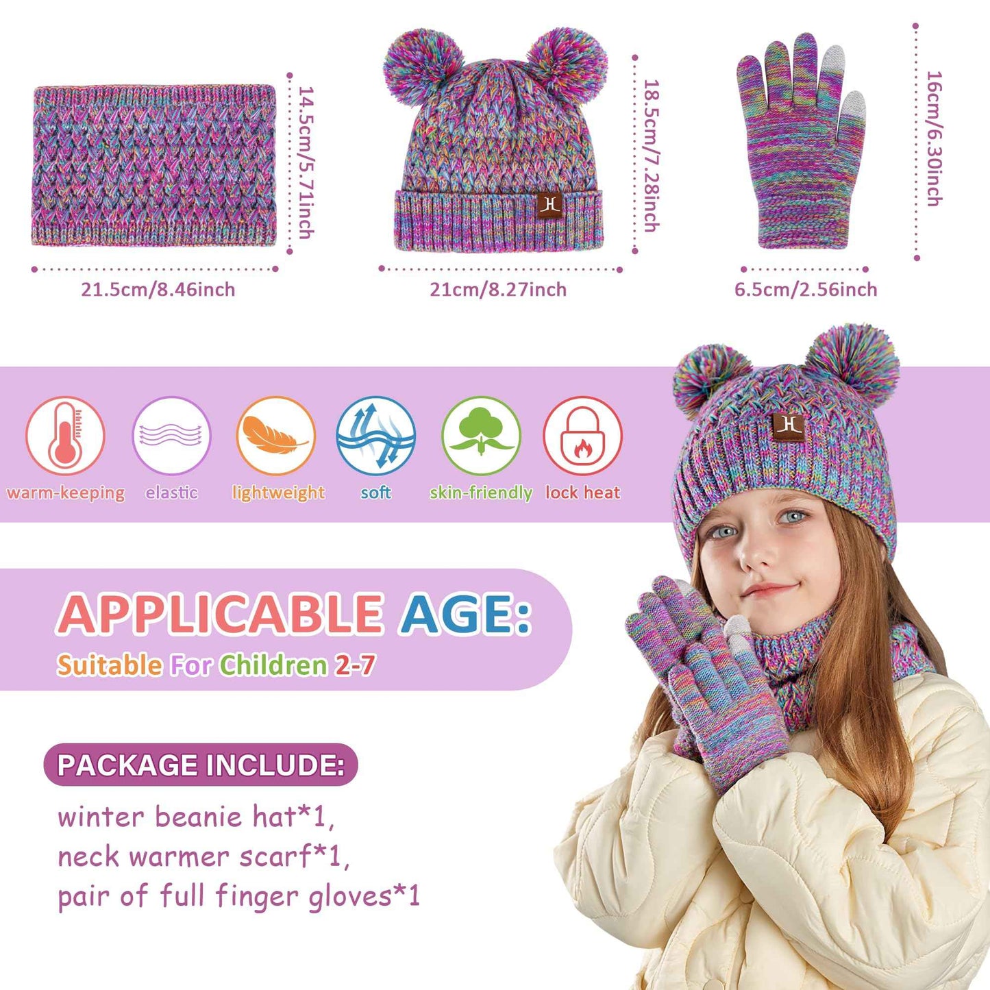 Children's Winter Hat Loop Scarf Touchscreen Gloves Set 2 3 4 5 6 7 Years Toddler Winter Hat Beanie Tube Scarf Knitted Pom Hats Gift Girls Boys