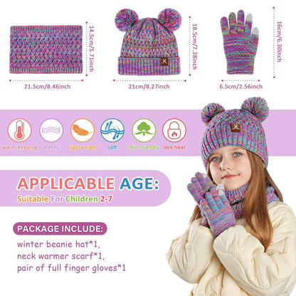 Children's Winter Hat Loop Scarf Touchscreen Gloves Set 2 3 4 5 6 7 Years Toddler Winter Hat Beanie Tube Scarf Knitted Pom Hats Gift Girls Boys