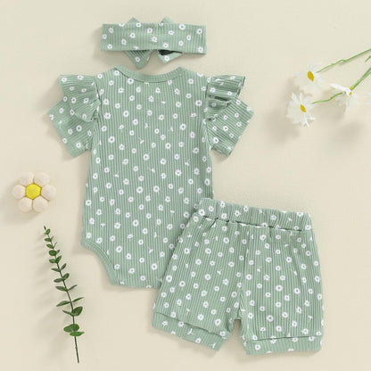 3-teiliges Baby-Mädchen-Sommer-Kleidungsset Rüschen-Kurzarm-Strampler + Rüschen-Shorts + Stirnband Baby-Set Weiches Neugeborenes Ausgehen Outfit