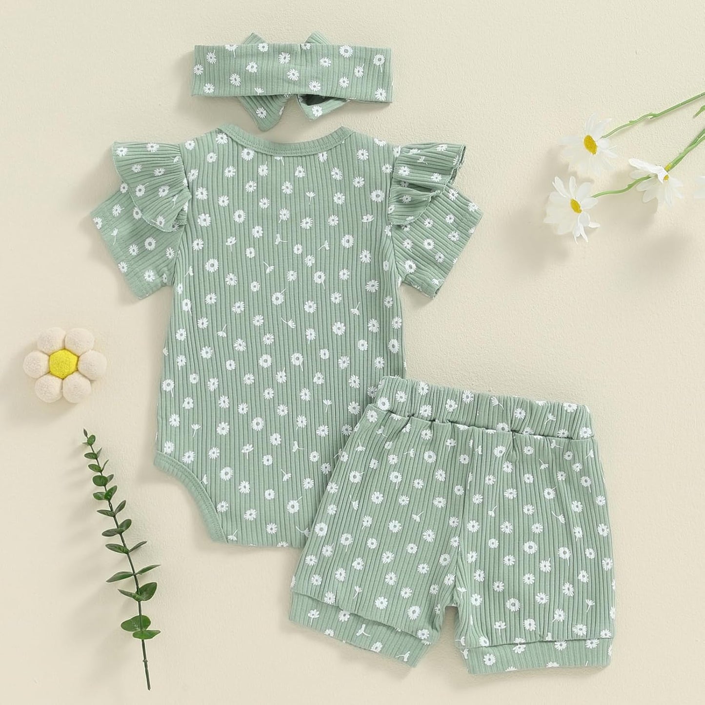 3tlg Baby Mädchen Sommer Kleidung Set Rüschen Kurzarm Strampler + Rüschen Shorts + Stirnband Babyset Weiche Neugeborene Ausgehen Outfit