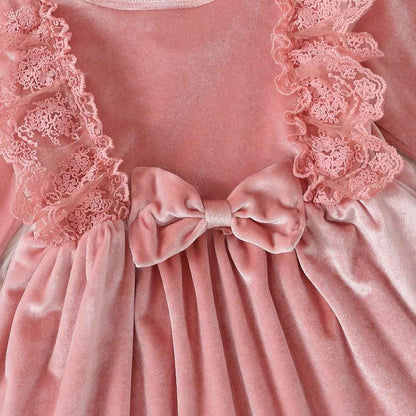 Baby Dress Girls Long Sleeve Lace A Line Princess Velvet Dress + Headband Wedding Festive Autumn Winter Clothing