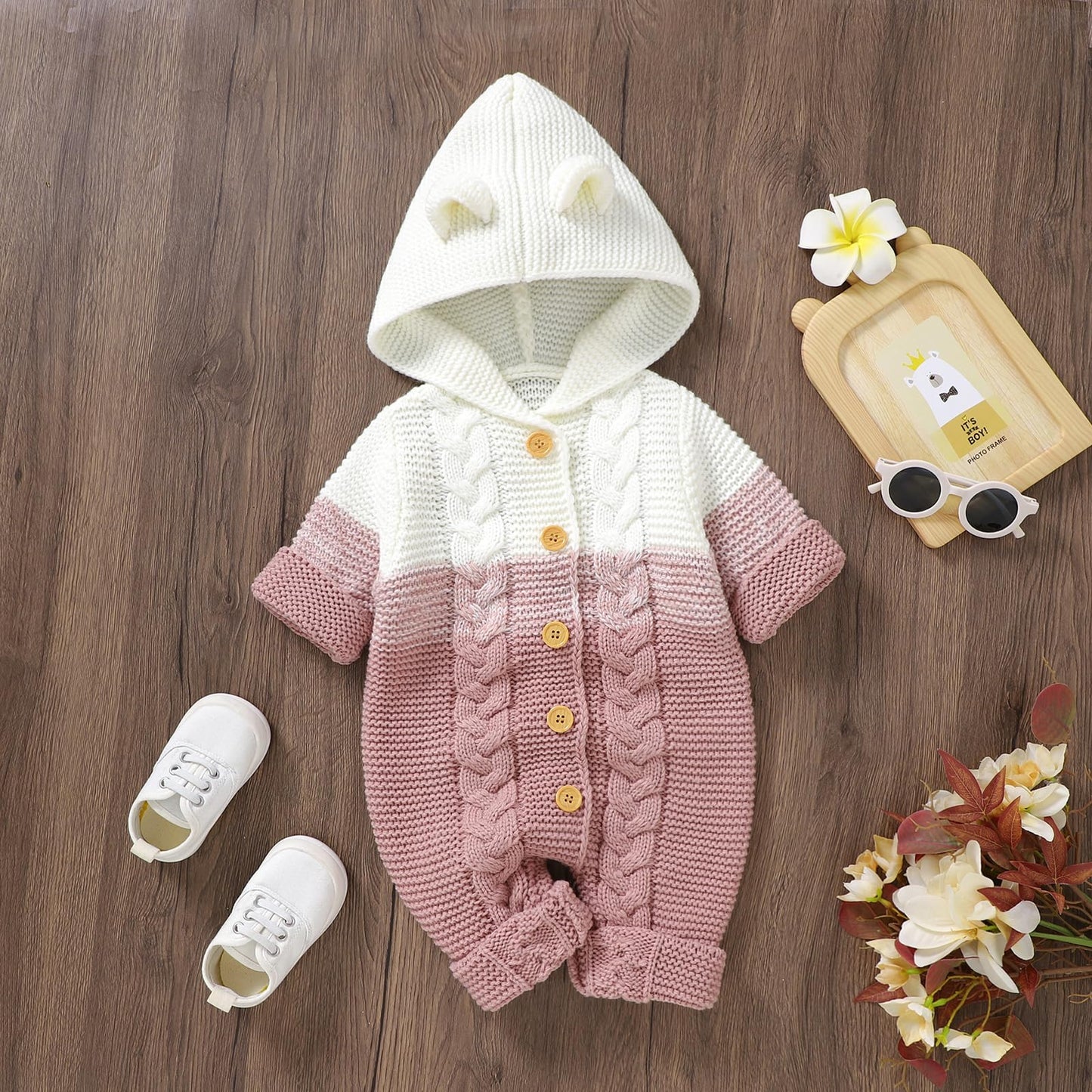 OBEEII Newborn Baby Knitted Romper Jumpsuit with Hood Ear Onesies Pullover Winter Warmer Onesie Bodysuit for Boys Girls