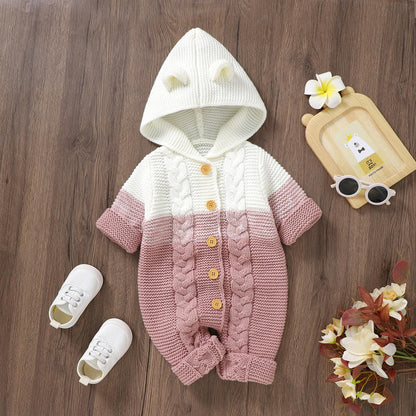 OBEEII Newborn Baby Knitted Romper Jumpsuit with Hood Ear Onesies Pullover Winter Warmer Onesie Bodysuit for Boys Girls