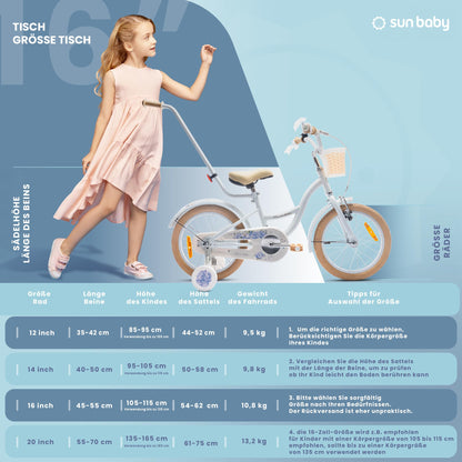 sun baby Mädchenfahrrad Flower Bike Radgröße zur Auswahl, mit Abnehmbarer Schubstange, Kinderfahrrad für Mädchen von 2 bis 6 Jahre