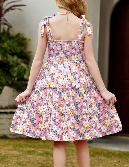 Arshiner Mädchen Kleider Fliege Trägerkleid Kinder Baumwolle Sommerkleid Ärmelloses A-Linie Swingkleid Schulterfrei Elegant Freizeitkleid für Mädchen 5-15 Jahre
