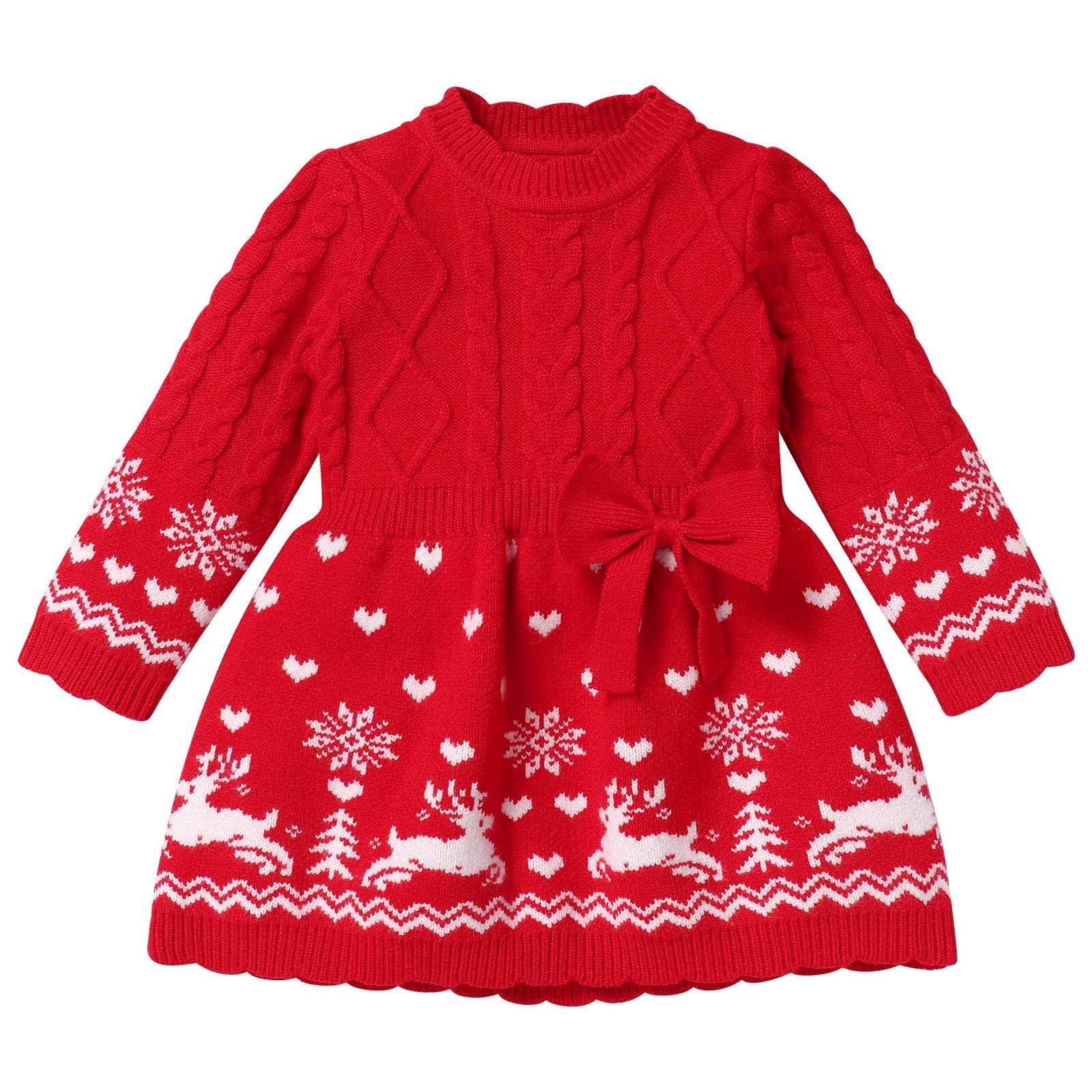 FYMNSI Baby Girls' Christmas Jumper Knitted Dress Long Sleeve Knitted Dress Warm Autumn Winter Christmas Dress Party Dress