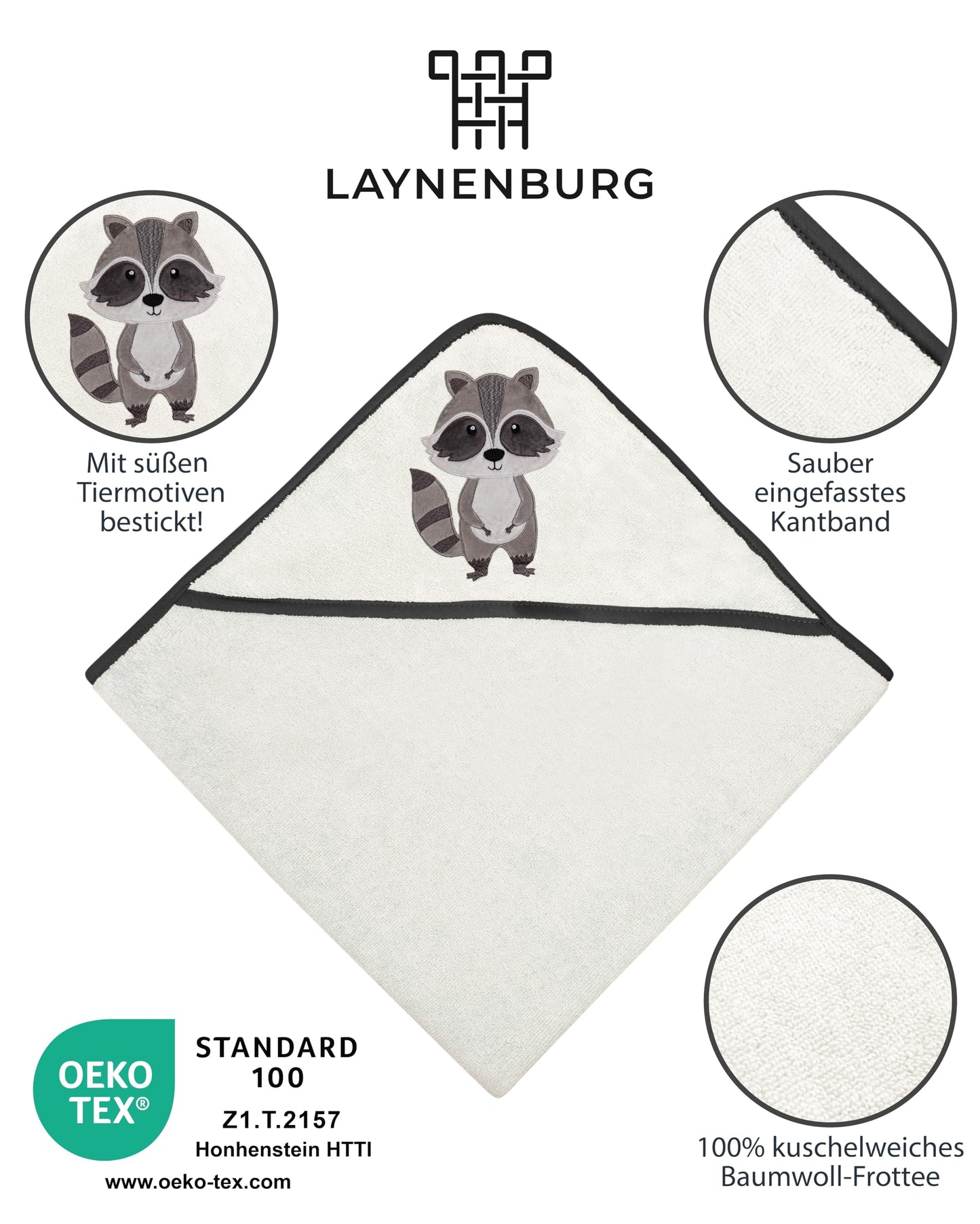 LAYNENBURG Premium Kapuzenhandtuch Baby - Badehandtuch aus 100% Baumwolle - Oeko TEX - Handtuch mit Kapuze für Neugeborene & Kinder - Badetuch, Babyhandtuch Mädchen, Jungen (Waschbär 80 x 80cm)