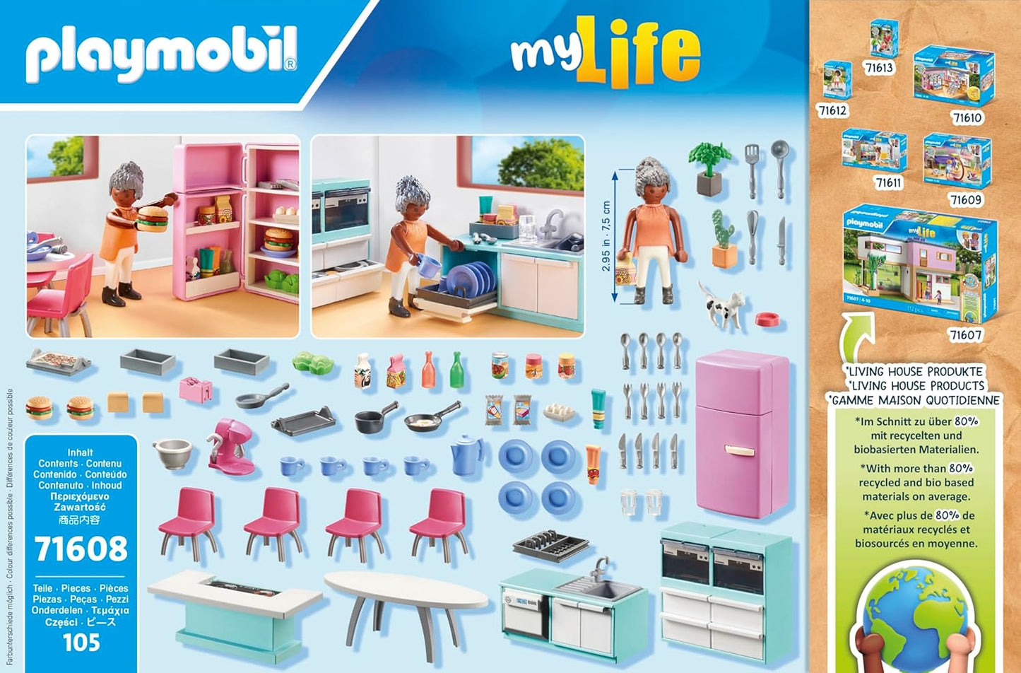 PLAYMOBIL MyLife 71608 Küche mit Essplatz, vollausgestattete Küche für detailgetreues Nachspielen, zu über 80 % aus recycelten und biobasierten Materialien, kreatives Spielzeug für Kinder ab 4 Jahren