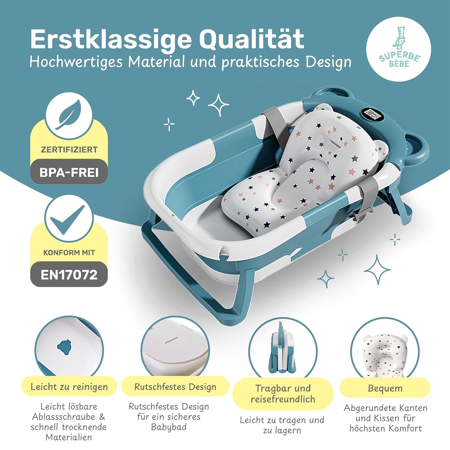 Faltbar Baby Badewanne Mit Rutschfestem Badewannensitz - Babywanne Xxl Mit Badethermometer - Von Der Geburt Bis 3 Jahre - Baby Bathtub - Babygeschenk - Geburtsgeschenke Für Mädchen & Jungen