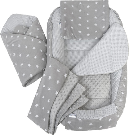 Medi Partners Babynestchen Babynest Set 100x60x15 Kuschelnest 5 teilig herausnehmbarer Einsatz Kokon Nestchen Babys Neugeborene 100% Baumwolle (REH mit Grauem Minky) - Meloni2