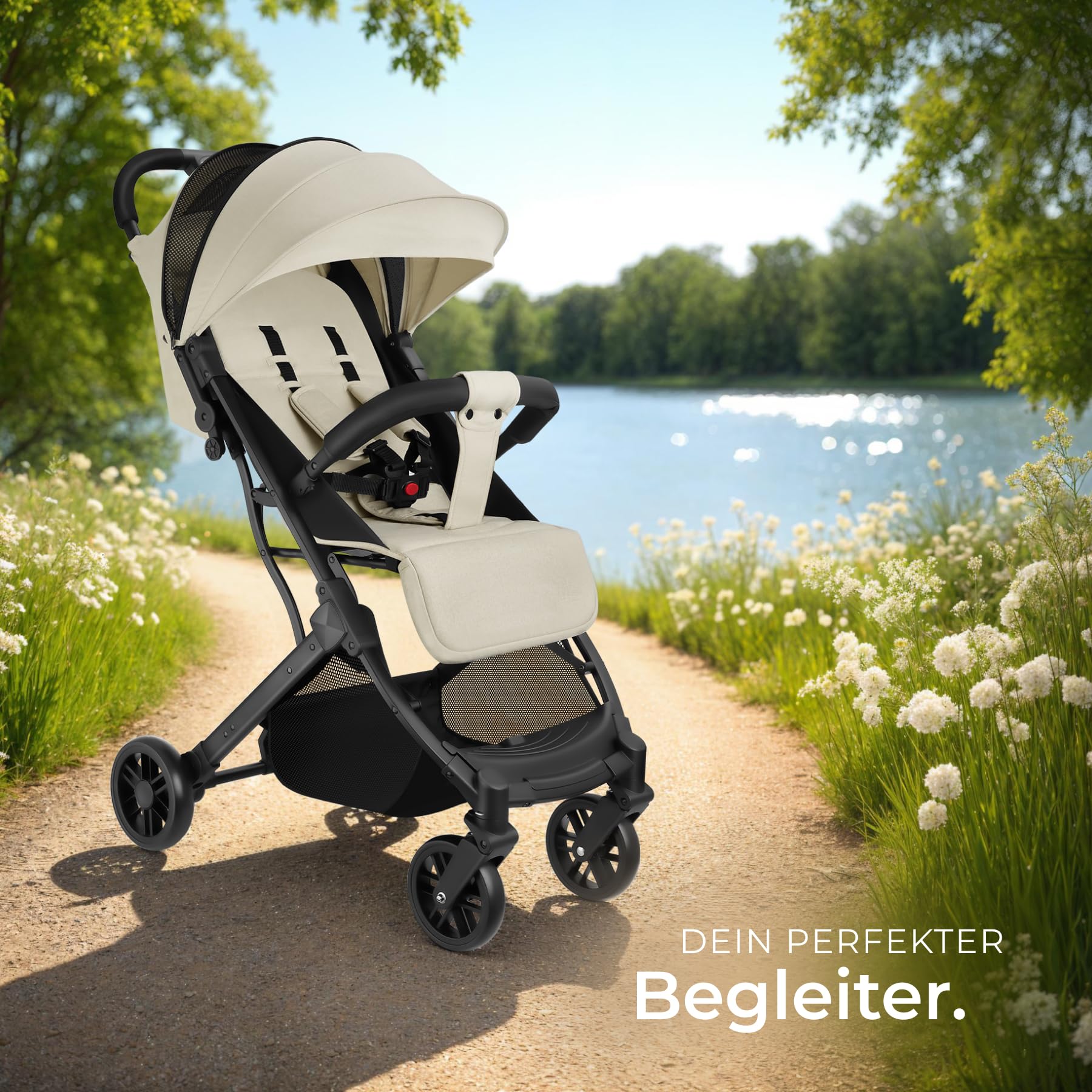 tectake® Buggy Kinderwagen von 0 bis 3 Jahre, Wagen für Baby Erstausstattung Neugeborene und Kinderbuggy, einhändig faltbarer Reisebuggy, Reisekinderwagen, Baby Wagen mit Verdeck - grau/beige - Meloni2