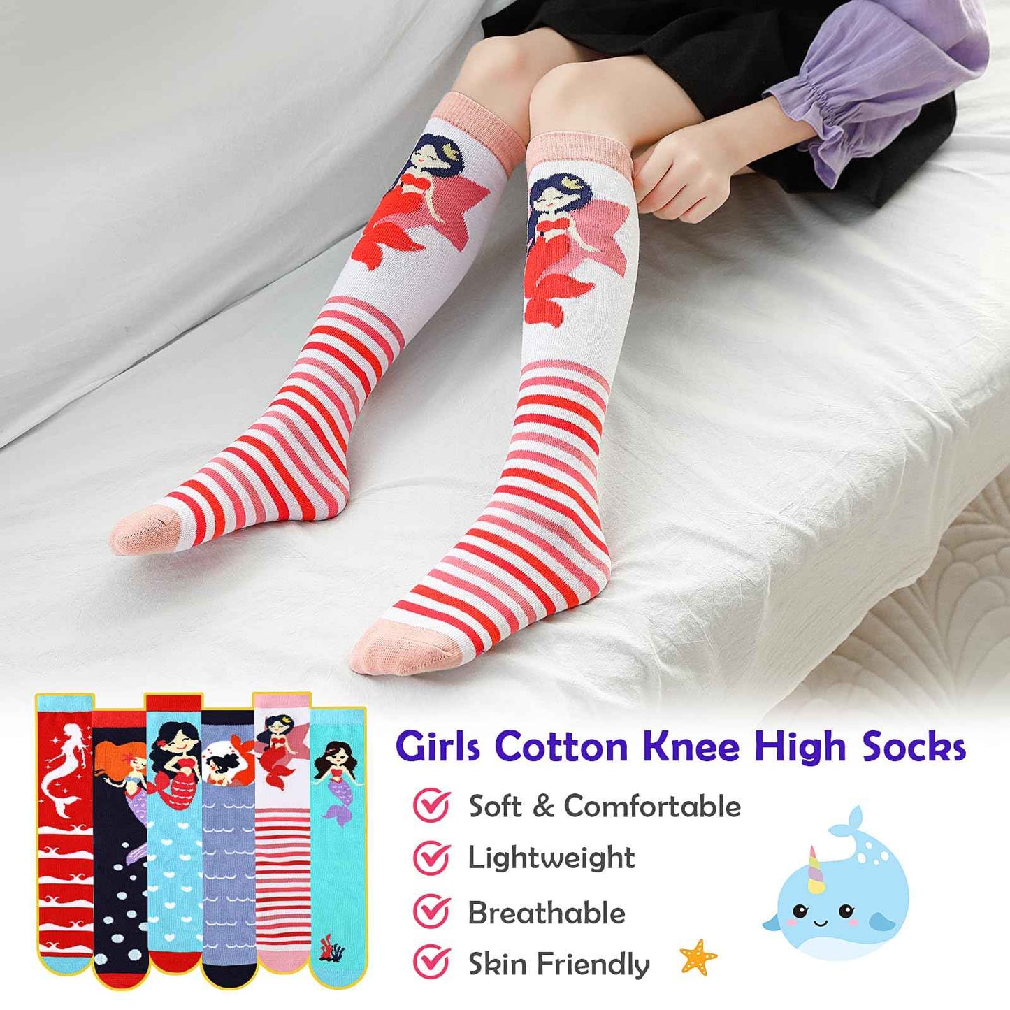 PHOGARY 6 Pairs of Knee Socks for Girls, Cute Socks Colourful Socks Children, Warm Knee Socks Children, Medium Calf Length, Long Knee Socks Girls from 3 to 12 Years, One Size