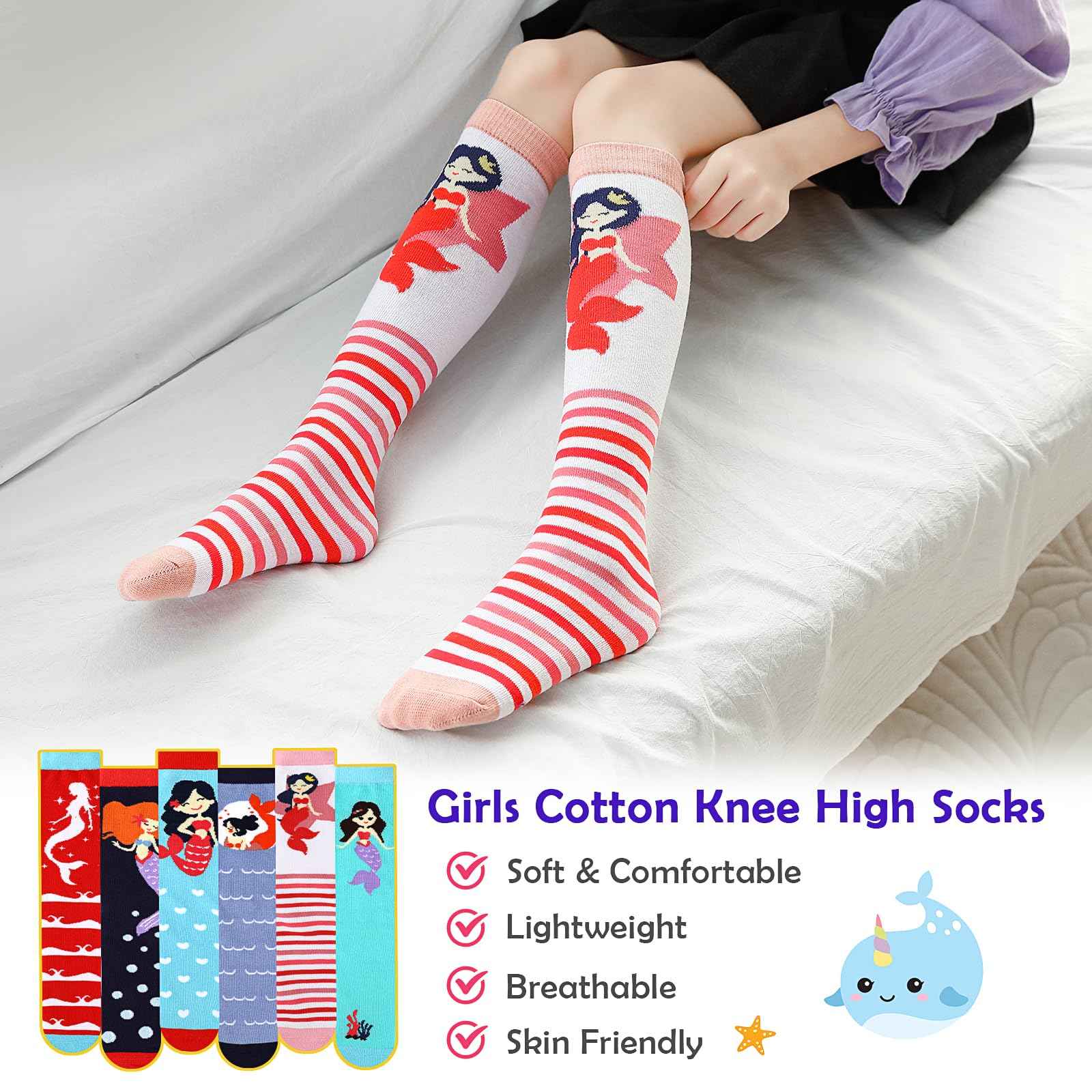 PHOGARY 6 Pairs of Knee Socks for Girls, Cute Socks Colourful Socks Children, Warm Knee Socks Children, Medium Calf Length, Long Knee Socks Girls from 3 to 12 Years, One Size