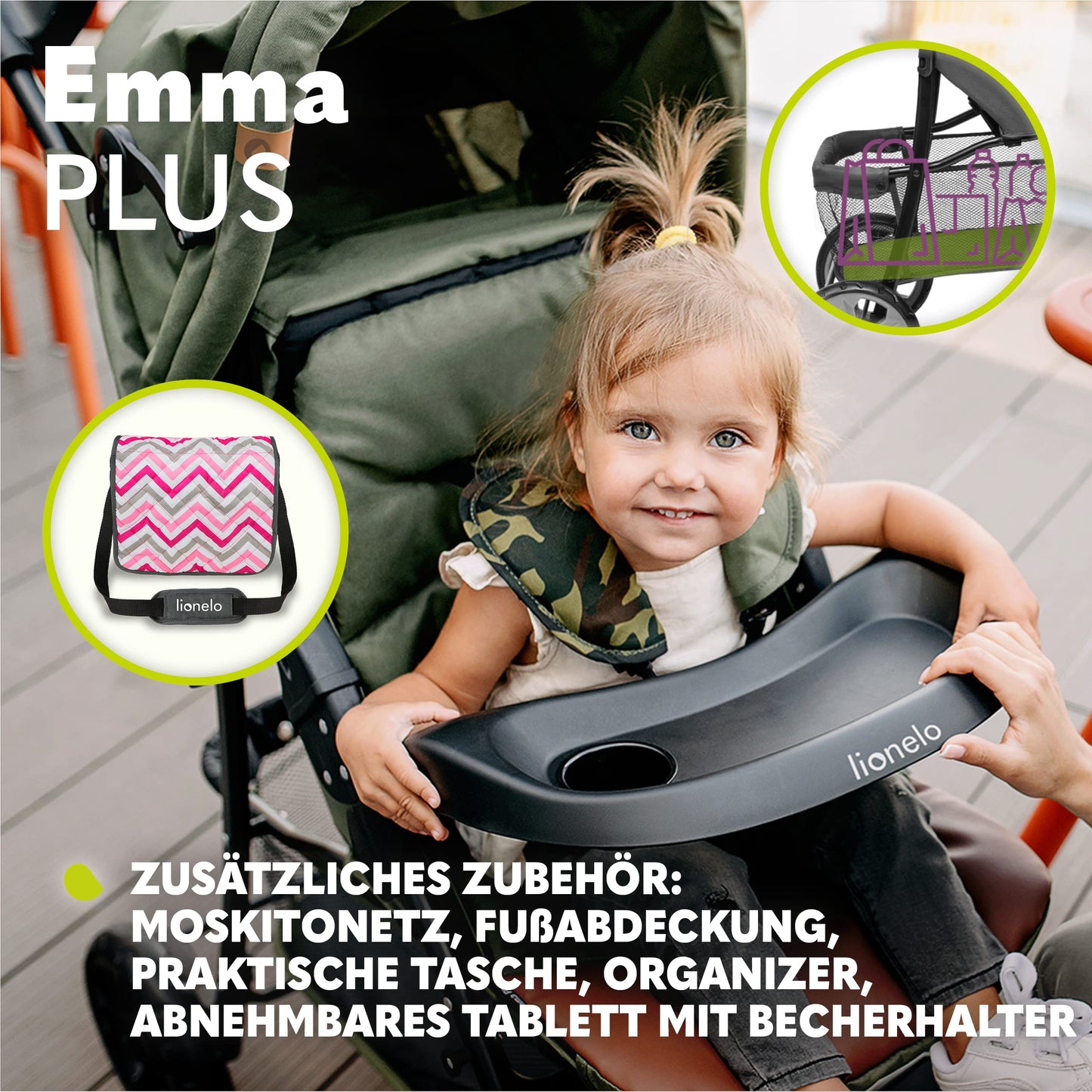 LIONELO Emma Plus Kinderwagen bis zu 15 kg, Kindersportwagen, leicht modern klein Buggy mit Liegeposition, zusammenklappbar, große Räder, großer Korb, Tasche Stone