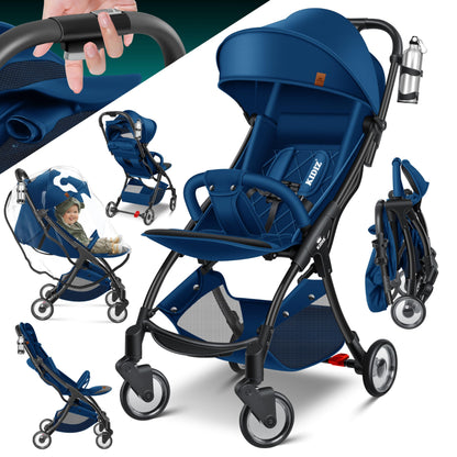 KIDIZ® Folding Pushchair, Sports Pram, 360° Wheels, 5-Point Harness, incl. Drinks Holder, Rain Cover, Adjustable Backrest and Sun Canopy, Red