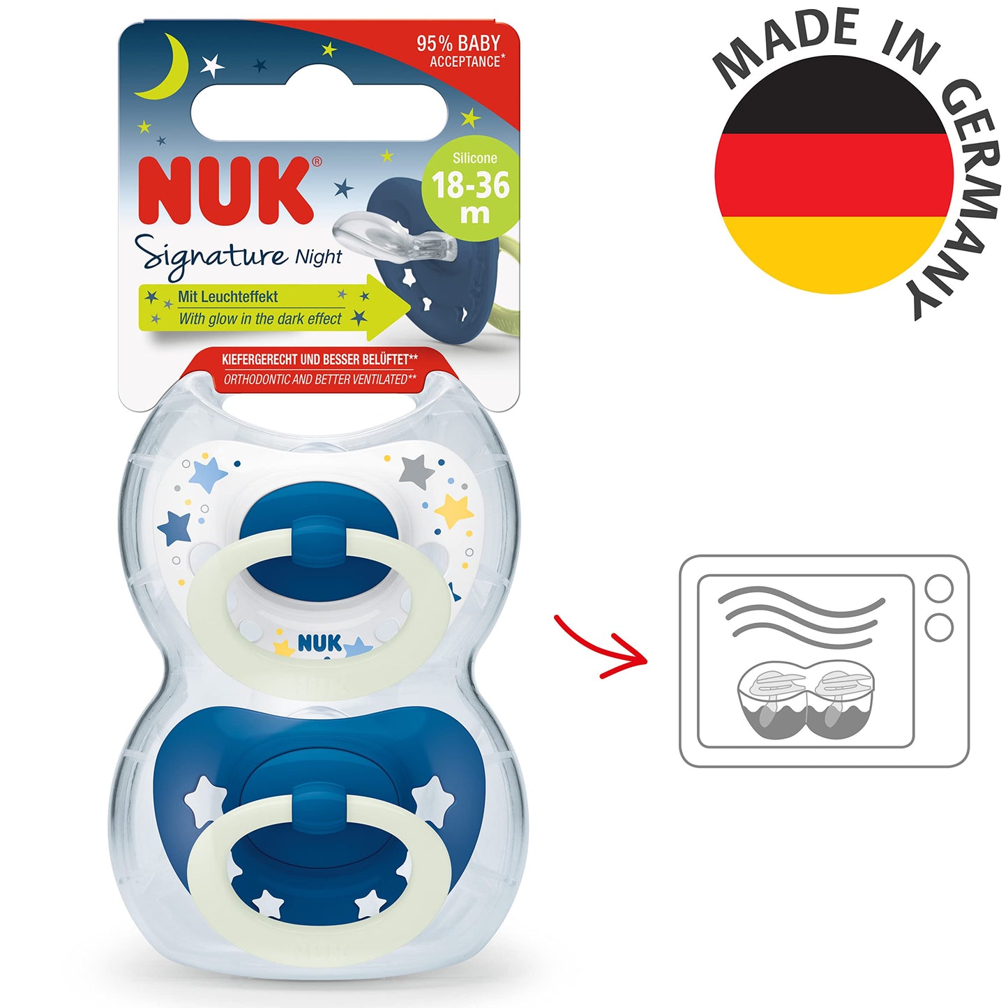 NUK Signature Baby Pacifier | 0-6 Months | Soothes 95% of Babies | BPA Free Silicone Heart-Shaped Pacifier | With Case | Green Stars | Pack of 2