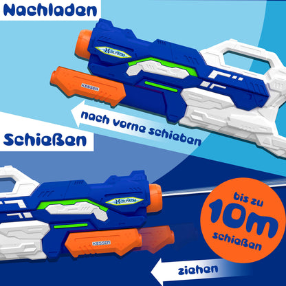 KESSER® Wasserpistole 2er Set Wasserpistolen Spritzpistolen Reichweite 10-11 Meter, Fassungsvermögen 1500ml Wasserspaß Strand Spielzeug im Freien für Kinder und Erwachsene Strandpool, Blau/Weiß