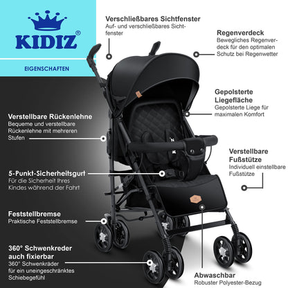 KIDIZ® City-Pro Pushchair Folding Pushchair Pushchair Sports Pushchair Foldable 360° 6 Inch Wheels Includes Mosquito Net, Footmuff and Rain Cover Foldable Sleep Function Blue 