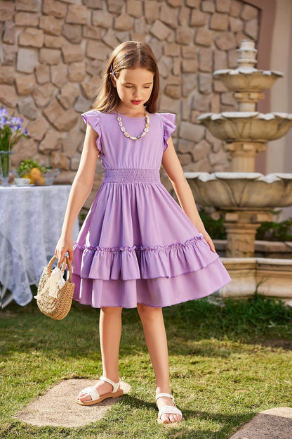Arshiner Girls Dresses Flutter Sleeves Kids Summer Cotton Formal Dress A-Line Waist Lace-up Casual Dress Swing Dress Elegant Sleeveless Dress for Girls 5-13 Years 