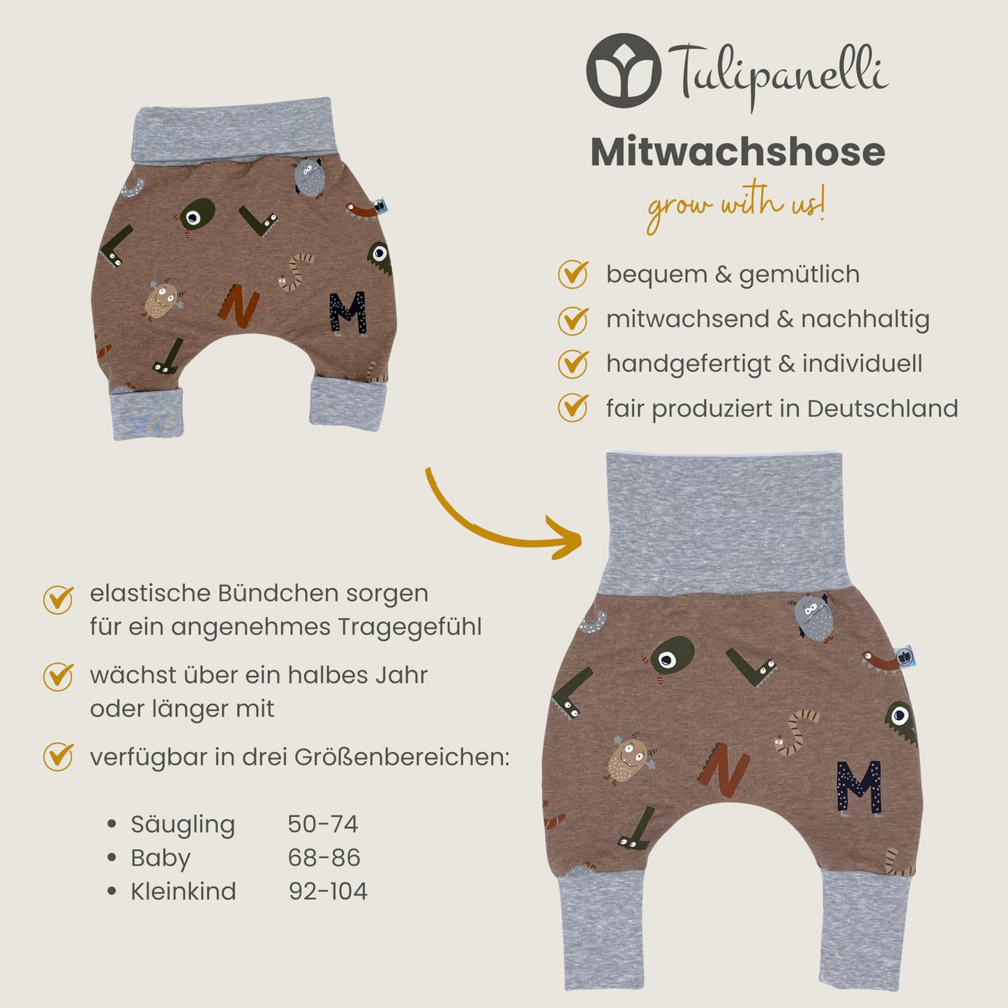 Growing Baby Baggy Trousers Made of Cotton Jersey - Handmade Growing Trousers Baby Trousers for Boys - Sizes 50-74 | 68-86 | 92-104 (Mini Rainbow Brown, 50-74)