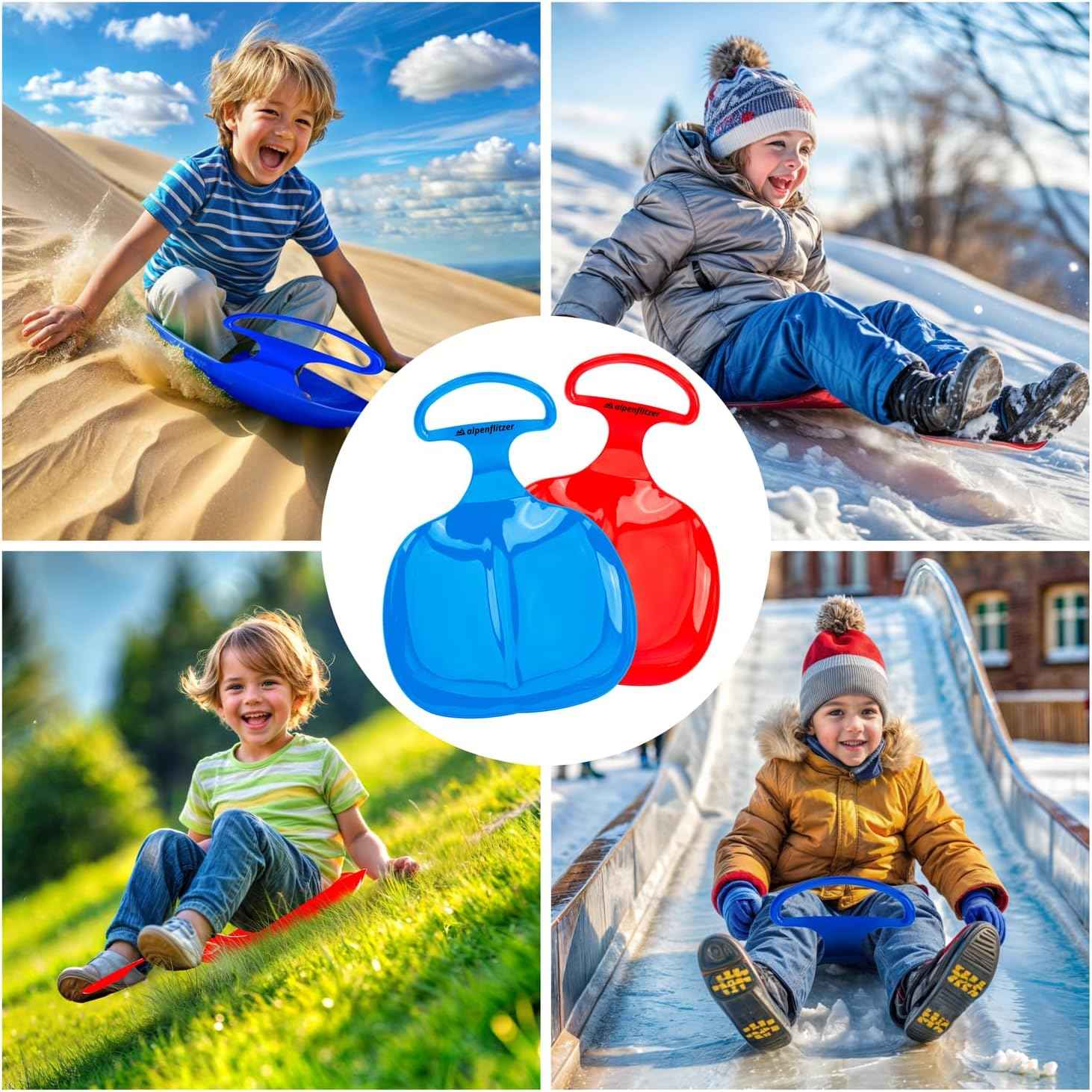 Alpenflitzer® 2 Stück Popo-Rutscher Bob; Schlitten mit Griff; Kinder Po-Rutscher Rodel Schneerutscher Bob Schneeflitzer zum Rodeln & Schlittenfahren 2er Set blau & rot
