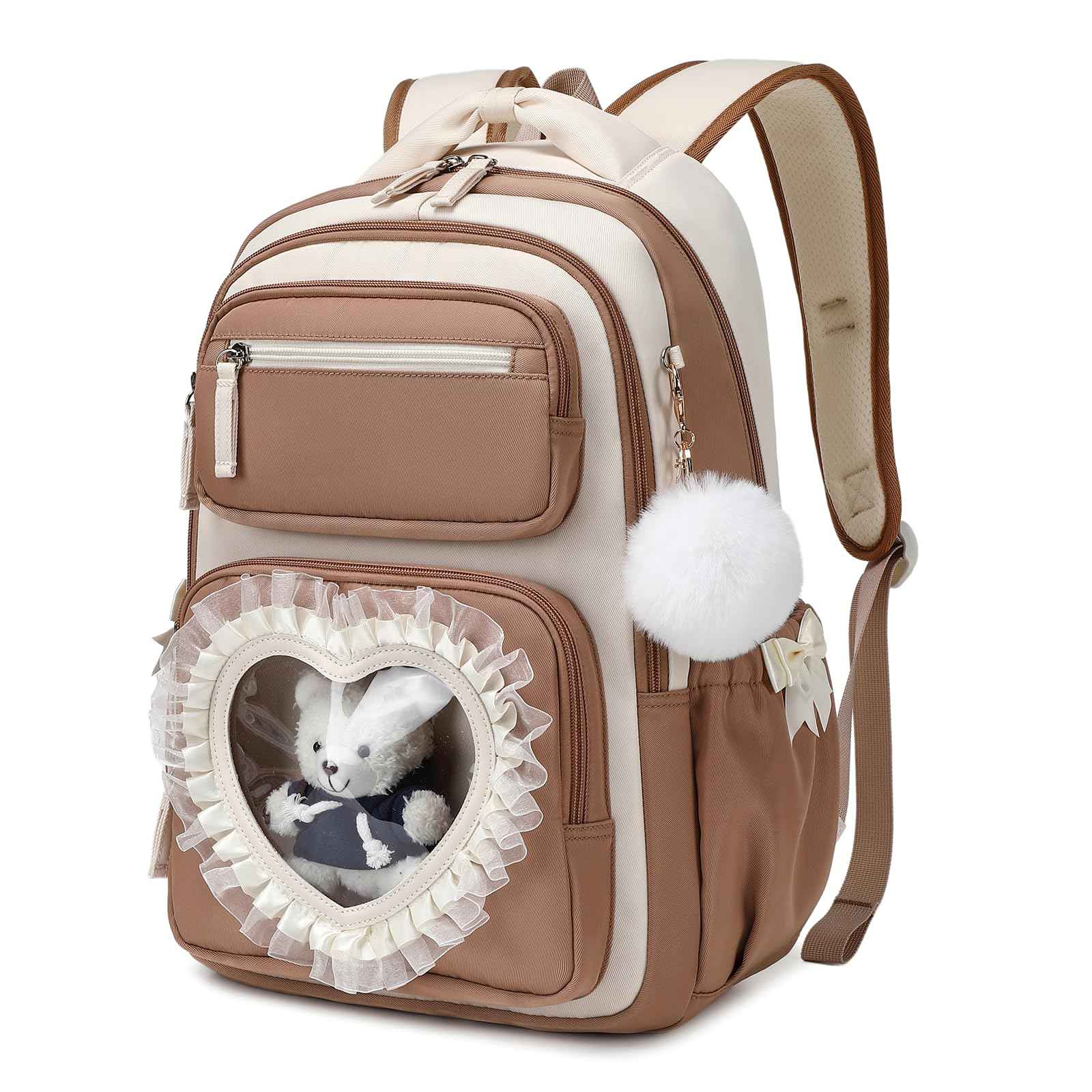 Schulrucksack Mädchen Herzdesign 22L mit Gepäckgurt für Schule | Spitze & Schleifendetails, Ergonomische 3D-Rückenpolsterung, wasserabweisendes Polyester, zahlreiche getrennte Fächer