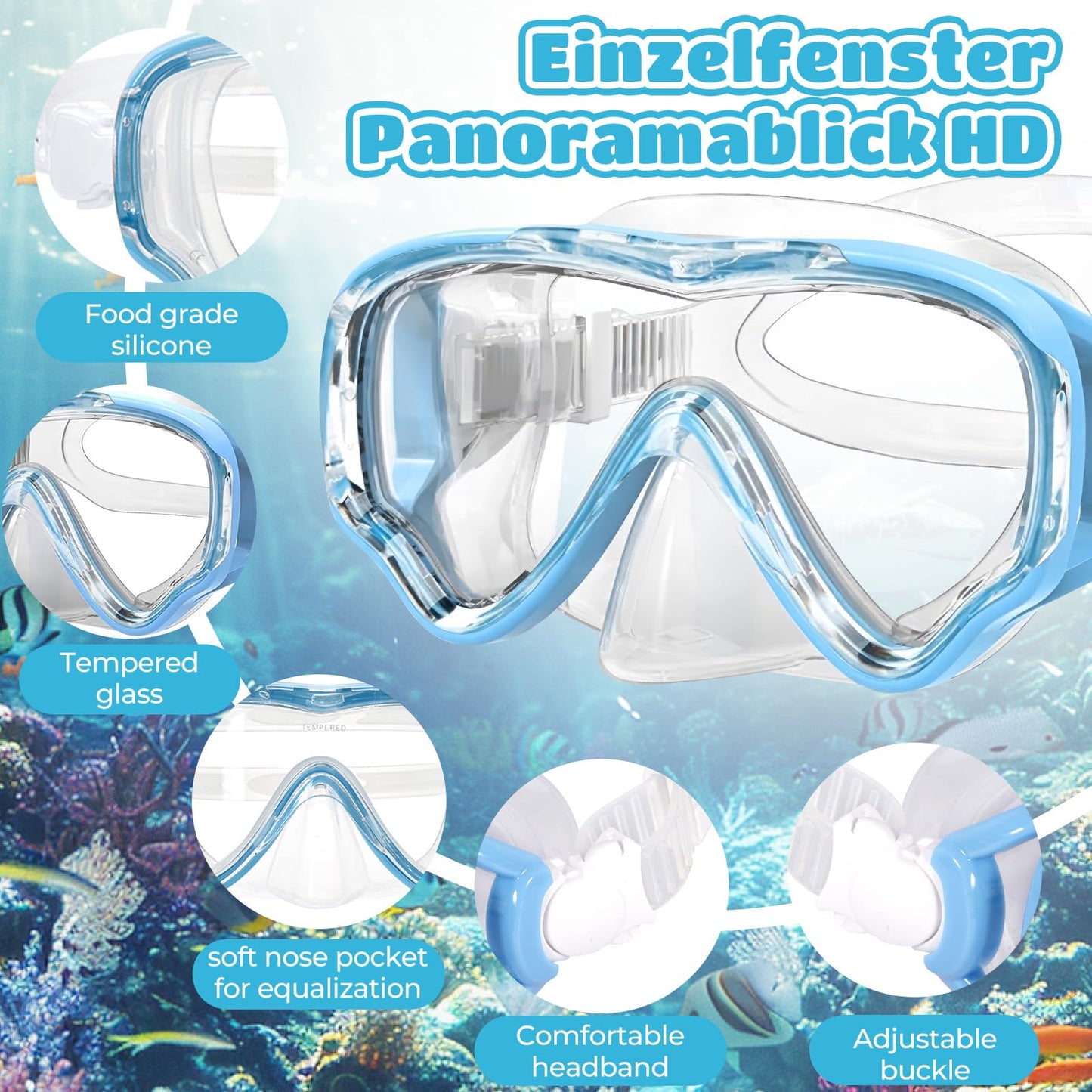 NLMWTI Children's Snorkel Set with 180° Panorama HD Vision, Anti-Fog & Anti-Leakage, Durable Safety Glass, Adjustable Side Straps