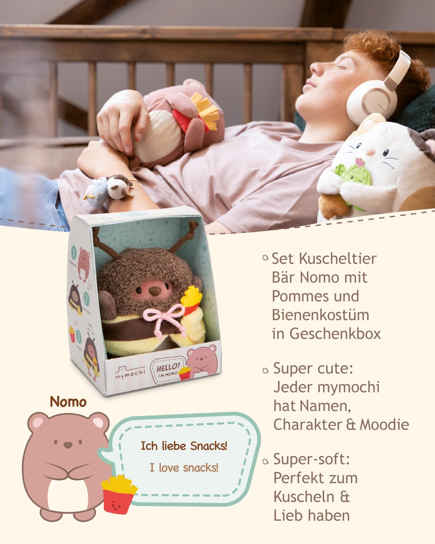 NICI MYMOCHI Kuscheltier Set - Kuscheltier Bär Nomo 8 cm mit Pommes und Bienenkostüm in Geschenkbox, Flauschiges Stofftier zum Kuscheln, Spielen und Liebhaben - 61142