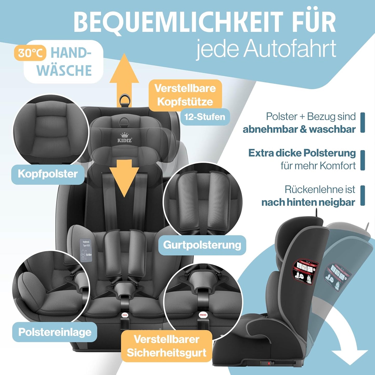 Autokindersitz mit Isofix i-Size R129 100-150cm bis 12 Jahre, Kinderautositz Gruppe 1/2/3, mitwachsender Kindersitz, 5-Punkt-Gurt & höhenverstellbare Kopfstütze, Sitzerhöhung Auto, Schwarz
