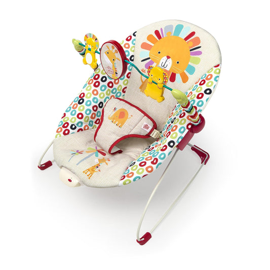 Bright Starts Safari Fun Baby Bouncer with Soothing Vibrations, Play Arch with 2 Toys, 3-Point Harness, Machine-Washable Seat Pad, from Birth to 9 kg 
