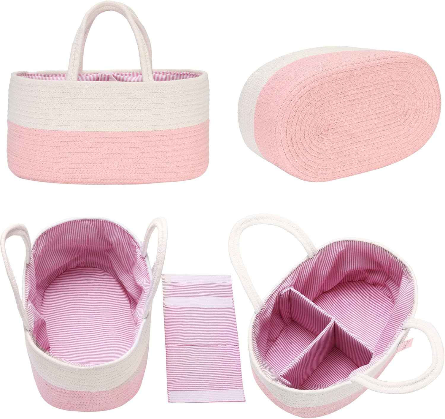 Hinwo Baby Nappy Caddy Triple Infant Nursery Shopping Bag Portable Car Organiser Newborn Shower Gift Basket Cotton Rope with Removable Divider for Nappies & Wipes
