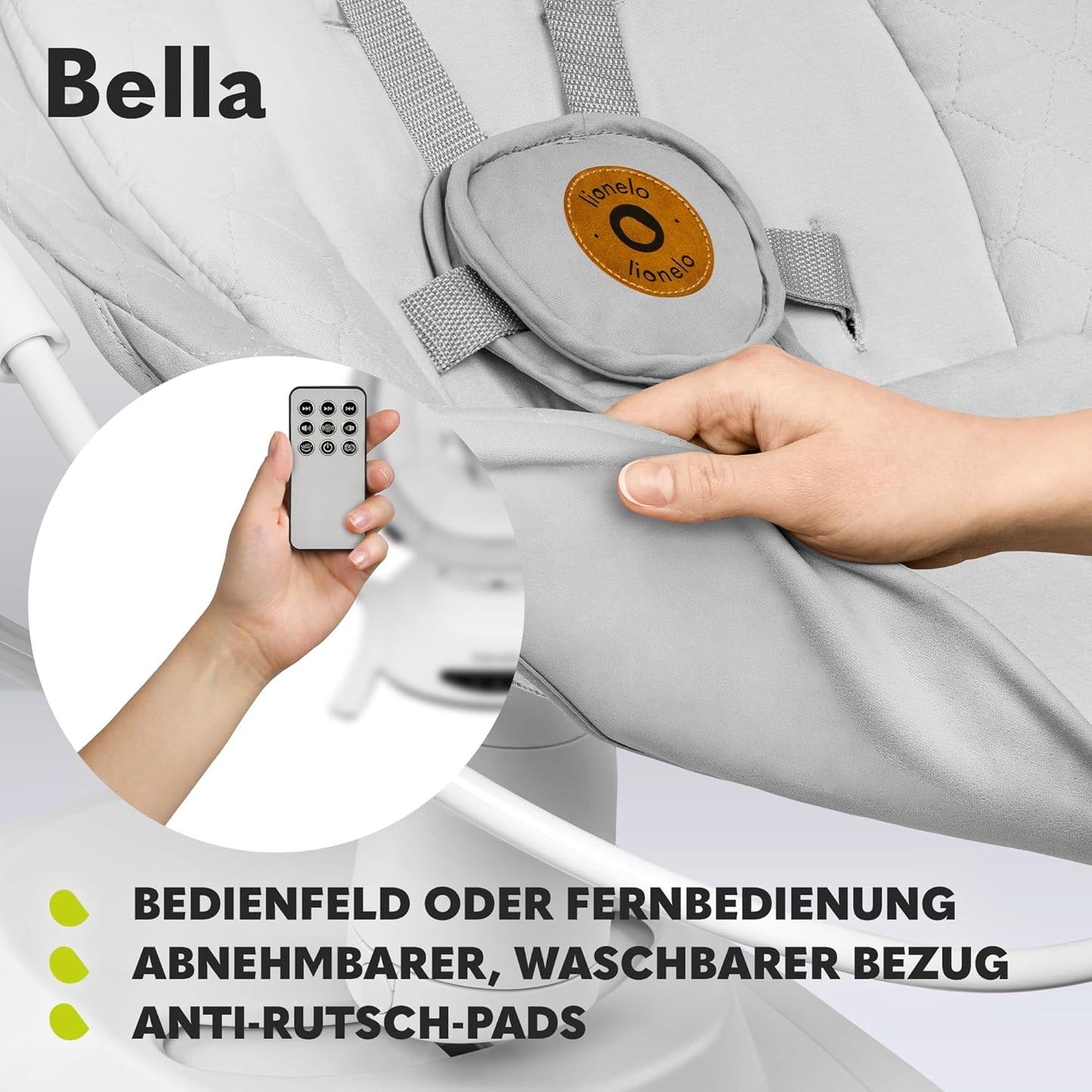 LIONELO Bella Elektrische Babywippe 360o für Babys bis 9 kg, verstellbare Rückenlehne, 5 Schaukelgeschwindigkeiten Sicherheitsgurt Erkennung von Bewegungen Anti-Rutsch
