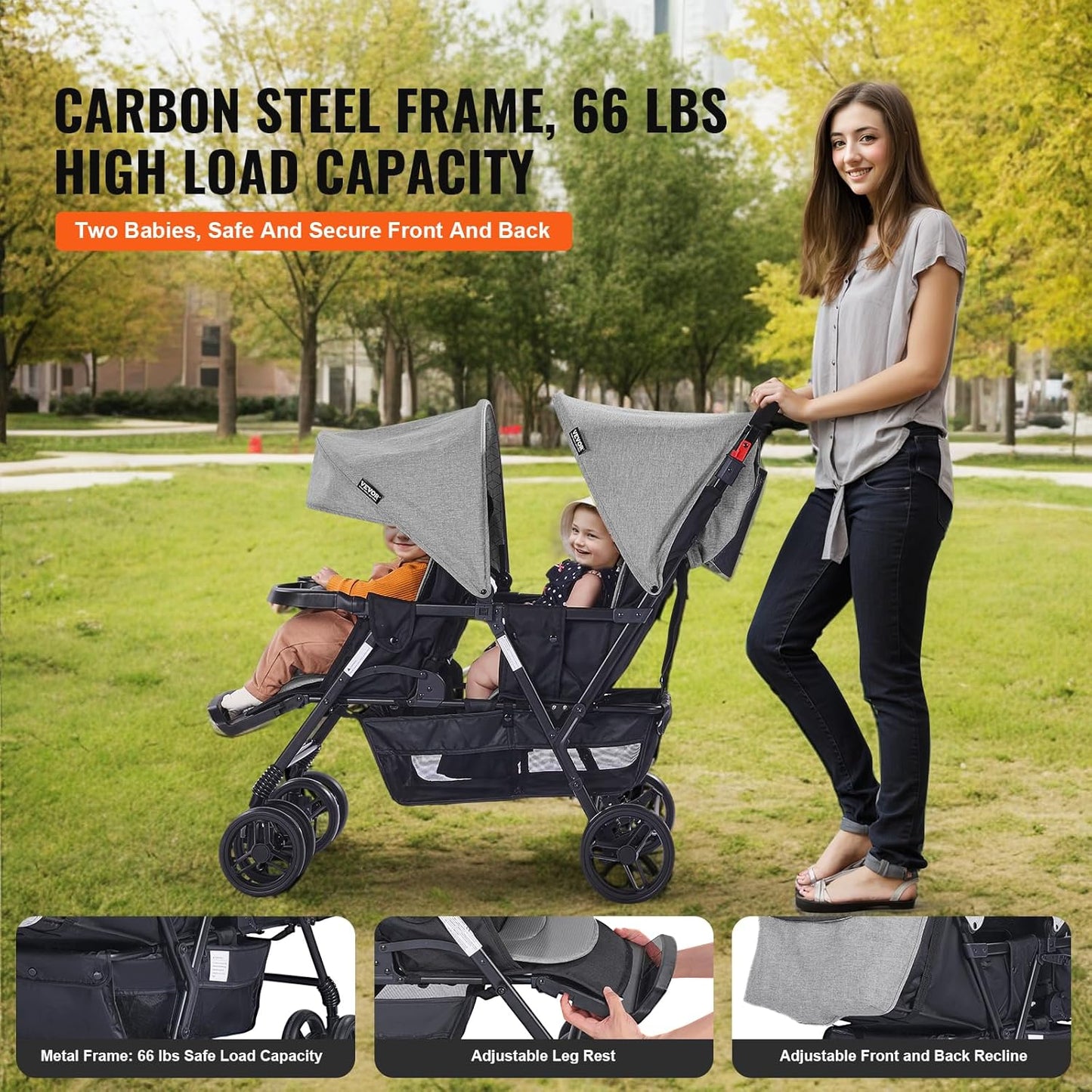 VEVOR Sibling Stroller, Foldable Twin Pushchair with Tandem Seat, Adjustable Backrest/Footrest, Seat Belt, Storage Basket and Tray, for Newborn and Toddlers (Dark Grey)