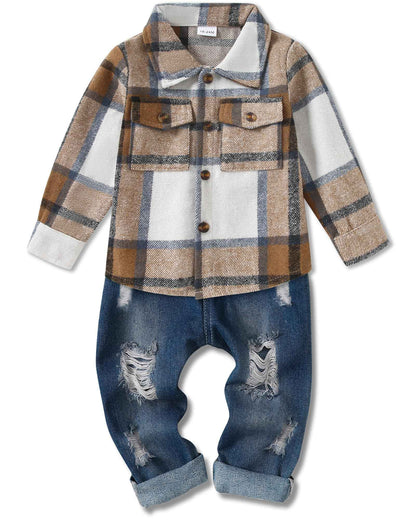 Lufebut Baby Clothing Boys 12 Months - 4 Years Winter Baby Clothing Outfit Set Long Sleeve Checked Top + Trousers Clothing Sets for Children Boys