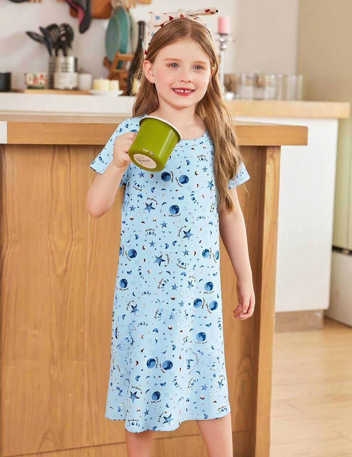 Arshiner Nachthemd Mädchen Kurzarm Pyjamas Kinder Schlafkleid Katze Einhorn Rundhals Nachtkleid 4-12 Jahre
