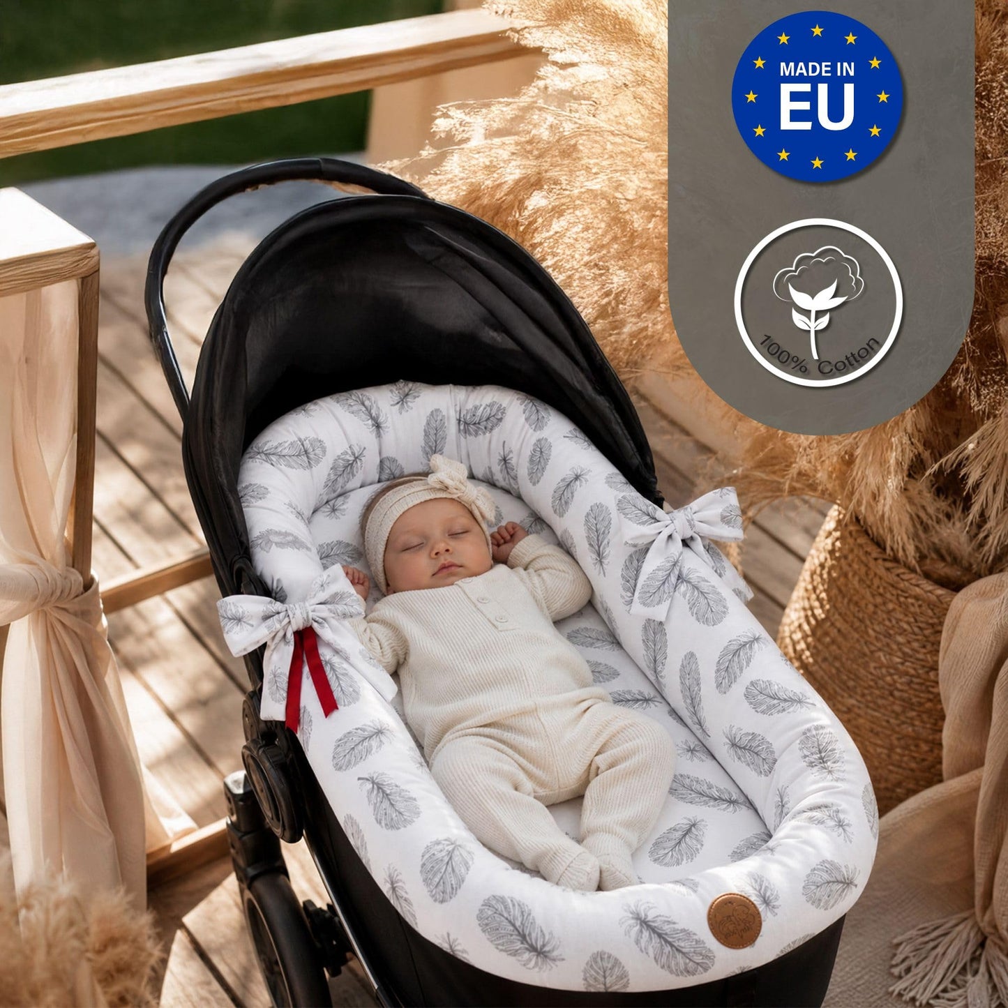 Stubenwagen Umrandung aus Musselin Baumwolle – Nestchen für Babywanne Kinderwagen und Buggy Atmungsaktiv – Schonbezug Set 3-teilig mit Kissen und Einlage für Neugeborene Gefieder