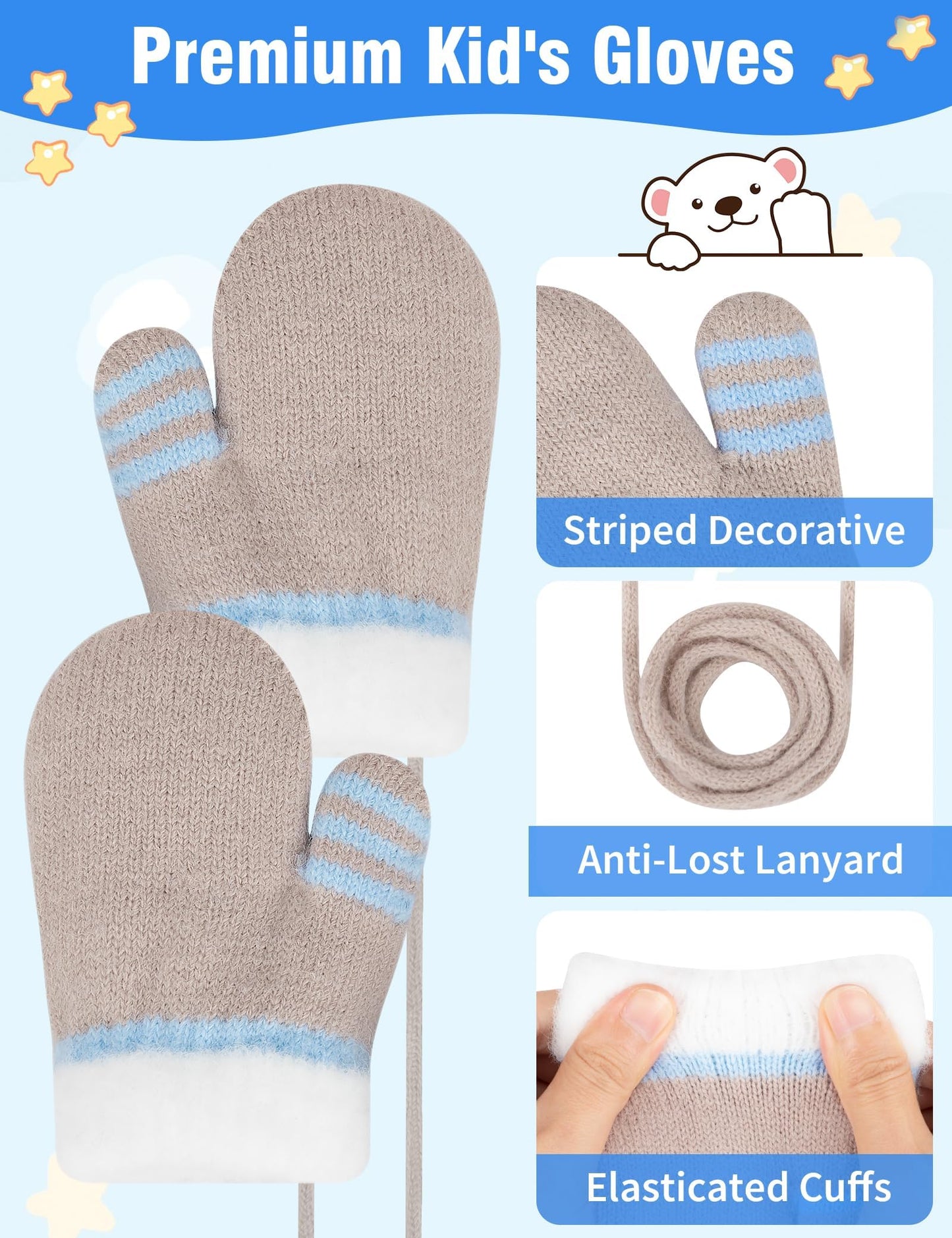 Becellen Fäustlinge Infant, Warme Verdicken Kleinkind Winterhandschuhe mit Schlüsselband Niedliche Anti Kratz Baby Strickhandschuhe für 0-3 Jahre Jungen Mädchen