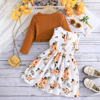 Yanmucy Kleine Mädchen Kleider mit Strickjacke Sets Baby Mädchen Kleider Kleinkind Kinder Langarm Ruffle Mantel Mädchen Kleidung für 2-8 Jahre