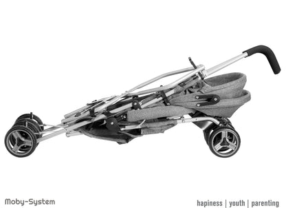 Moby-System, Buggy, superleicht und kompakt, bis 14 kg, verstellbare Rückenlehne, Doppelräder, schwenkbare Schaumstoffräder, faltbar, mit Sonnendach – idealer Kinderwagen für Spaziergänge, grau