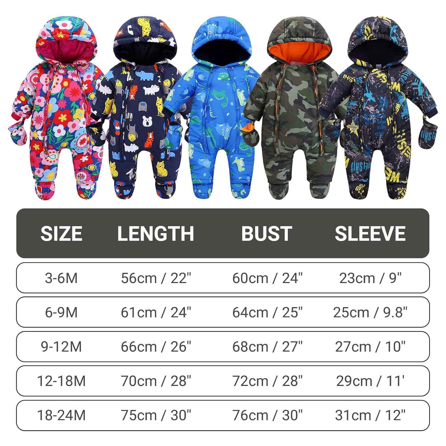 Baby Romper with Hood, Snowsuits with Gloves and Booties, for Toddlers, Fleece Cotton Romper for Toddlers, Boys and Girls, Warm Jumpsuit, Winter Jacket, 6-9 Months