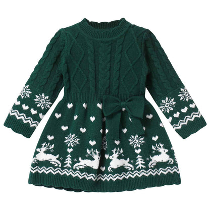 FYMNSI Baby Girls' Christmas Jumper Knitted Dress Long Sleeve Knitted Dress Warm Autumn Winter Christmas Dress Party Dress